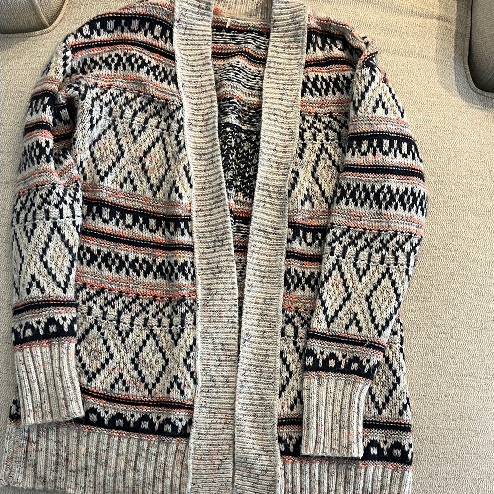 Womens Patterned Shawl Cardigan Sweater - Cream & Navy Multi-colored